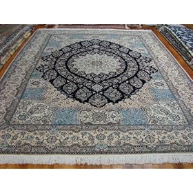 9x11 Navy Blue Persian Hand Knotted Silk Nain Rug by Heritage Unlimited