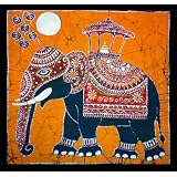 Batik Wall Hanging - Elephant (Hand made Batik Art) Orange Backgroundby Nethara