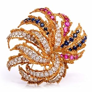 Vintage 13.48cts Burma Ruby & Sapphire Diamond 18k Gold Firework Pin
