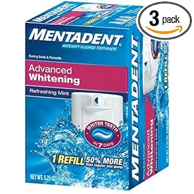 Mentadent Advanced Whitenening Anti-cavity Fluoride Toothpaste w/Baking Soda & Peroxide, Refreshing Mint, 1 Refill, 5.25 oz (148.8 g) (Pack of 3)