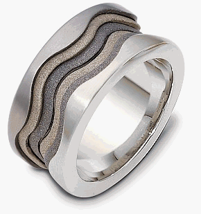 Designer 11mm Titanium & 14 Karat White Gold Wave Style Wedding Band Ring