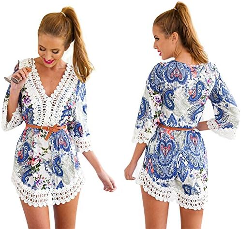 Chicnova Retro Lace V Neck Totem Floral Print Half Sleeve Slim Mini Short Dress