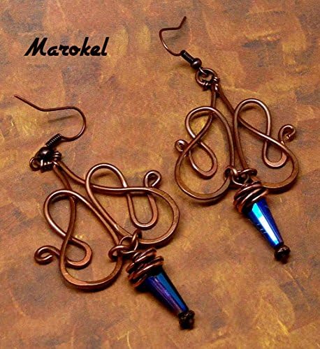 Cobalt Cone Copper Earrings Wire Wrapped Oxidized Wire curved Abstract