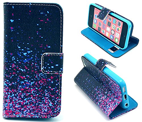 iphone 5C Case, Sparkle Print in Night Flip Wallet Credit ID Card Slot Holder Phone Case With Stand --Retail Package W Screen Protector