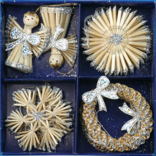 Christmas Straw Ornaments - Set of 12 pieces, Glitter Stars