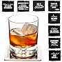 Set of 8 Premium Funny Coasters for Drinks- Large Size 4 inches Square - PLUS 2 Stainless Steel Ball Design Wine Bottle Stoppers - Bar Tools Collection by Prego Unlimited