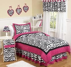 Hot Pink, Black & White Funky Zebra Teen Bedding 3pc Full / Queen Set