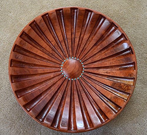 #2875 Bubinga Wood Platter, Fluted with Turquoise Beads inlaid. 16"x3"