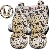 New Premium Grade 11 Pieces Tan Brown Cow Print Low Back Front Car Seat and Rear Bench Cover with Head Rest Cover Set