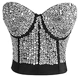 Lucea Women's Striking Burlesque Beaded Sequins Studded Gaga Bustier Sport Bra Silver Large