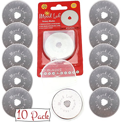 45mm Rotary Cutter Blades 10 pcs in pack, Premium Quality SKS-7 Carbon Steel, Fits Fiskars, Olfa, Truecut, Dafa, Clover etc, Great for Fabric, Leather, Paper, by Mood Lab