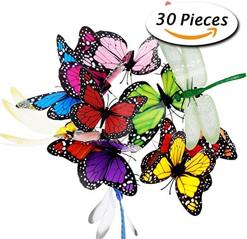 30 Pcs Butterfly Dragonfly Stakes Garden Ornaments for Outdoor Décor, Garden Yard Planter, Party Tree