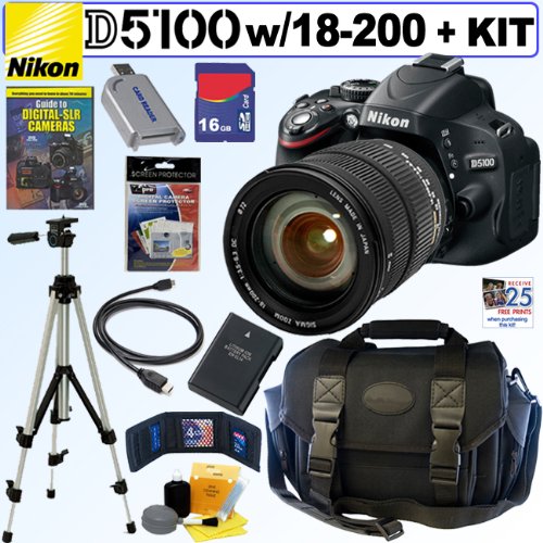Best Price Nikon D5100 16.2MP CMOS Digital SLR Camera with Sigma 18-200mm f/3.5-6.3 DC Wide Angle Super Zoom Lens + EN-EL14 Battery + 16GB Deluxe Accessory Kit