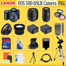 Canon EOS 50D 15.1MP SLR Digital Camera Kit with Tamron AF28-80mm F/3.5-5.6 Aspherical Lens + Tamron AF75-300mm F/4-5.6 LD Lens + HUGE ACCESSORIES PACKAGE INCLUDING WIDE ANGLE MACRO LENS + 2X TELEPHOTO + 3 PC FILTER KIT + 2x EXTENDED LIFE BATTERIES + HDMI CABLE + 8GB SDHC MEMORY CARD + SOFT CARRYING CASES + TRIPOD & MUCH MORE !!