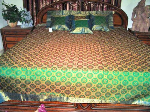 Sari Bedspread Lime Green 7pcs Silk Bedding Coverlet King Queen Throw