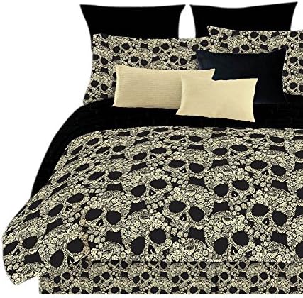 Veratex Bedroom Decorative Flower Skulls Sheet Set D.King Black/Tan