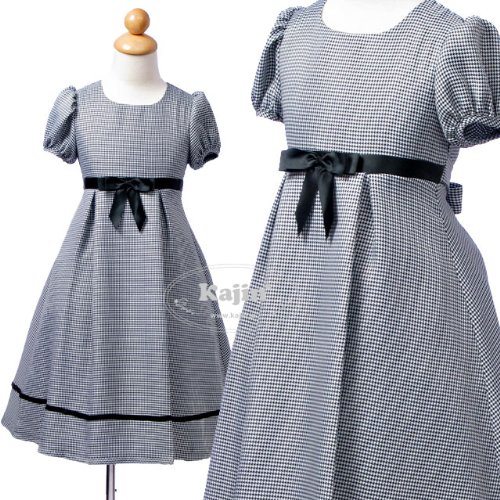 KAJIN 女の子ワンピース★清楚なウエストリボンと上品な千鳥格子のフレアドレス「黒」セール35%OFF