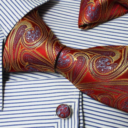 Red Orange Paisleys Pattern 100% Silk Tie Hanky Neck Tie for Him Cufflinks for Men Set with Presentation Box PH1056