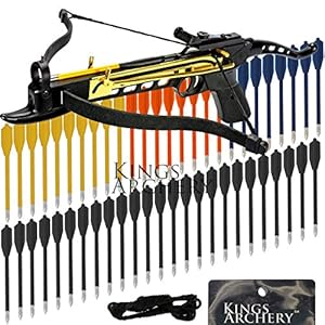 Crossbow Self-Cocking 80 LBS by KingsArchery® with Adjustable Sights, 3 Aluminium Arrow Bolts, Spare Crossbow String and Caps, and Bonus 60-pack of Colored PVC Arrow Bolts + KingsArchery® Warranty