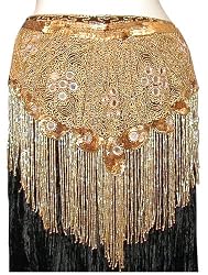 Gold Beaded Shawl/Hip Scarf with Fringe