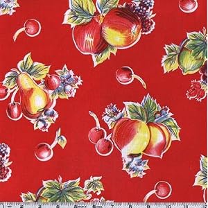 45-Wide-Oil-Cloth-Pears-Apples-Red-Fabric-By-The-Yard