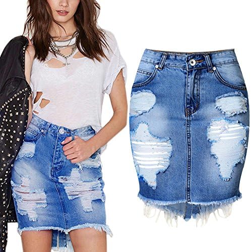 LIYT TOPSHOP Women's High Waist Hole Denim Skirt Package Hip Skirt