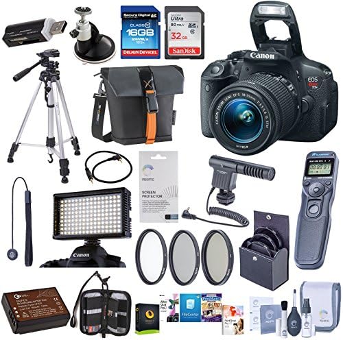 Canon EOS Rebel T6 Digital SLR Camera Bundle with EF-S 18-55mm f/3.5-5.6 IS II Lens + LED Video Light + Condenser Microphone + Shoulder Bag + Tripod + SD Cards + UV Filters + Photography Accessories