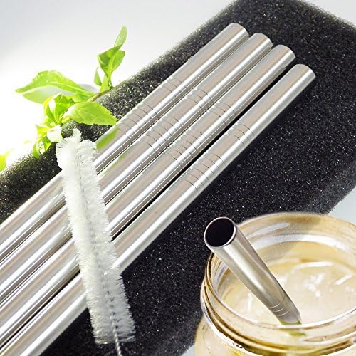 FlyStone QCTW Stainless Steel Drinking Straws, Set of 4 Smoothies Straws Made From Top Medical Grade Material + 1 Cleaning Brush + Carrying Pouch, Comes with FlyStone Silicone Coaster