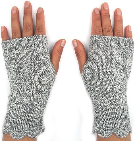 Alpaca Fingerless Gloves Lightweight Cableknit Fair Trade Bolivia 100% - Grey