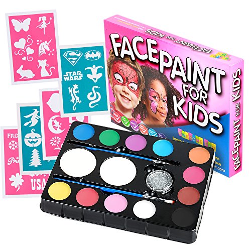 Face paint kit for kids (47 pieces) 12 color palette: 30 stencils…
