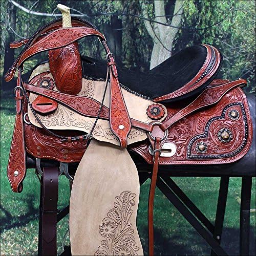 WESTERN BARREL RACING TRAIL PLEASURE HORSE RIDING SADDLE WITH HEADSTALL AND BREAST COLLAR SET- MAHOGANY