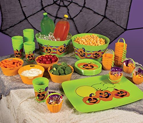 Kids' Halloween 55 piece orange and green party kit featuring reusable plastic pumpkin cups, plastic plates, large serving bowls, small treat servers, serving platter & mini pumpkin basket party favors BPA free by Party Peacock