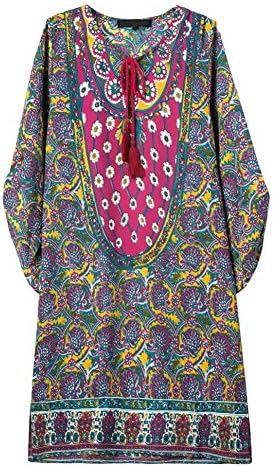 Yisqzjzj The Popular Women Bohemian Neck Tie Vintage Printed Ethnic Style Summer Shift Dress Pattern 16Large Shipping from USA about 2-3 days