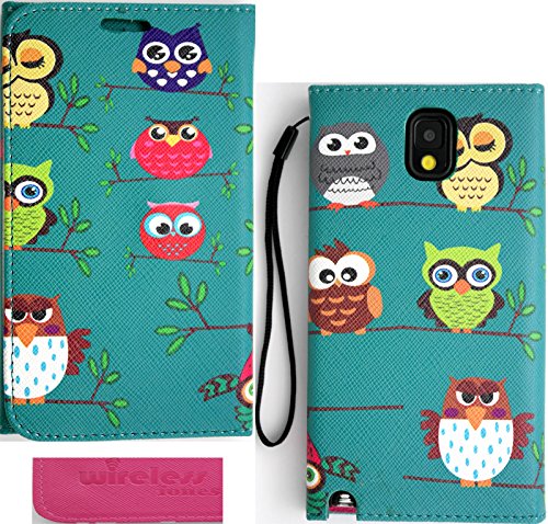 Samsung Galaxy Note 3 N9000 Premium Faux Leather Owl Owls Design with Mirror inside Wallet Case