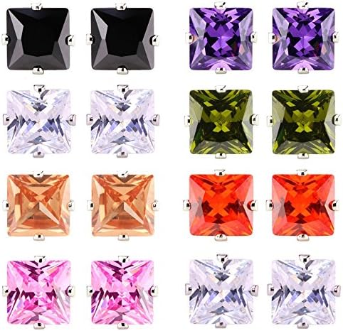 8 Pairs Stainless Steel Stud Earrings Square Cubic Zirconia Multicolor Hypoallergenic, 8mm