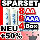 Produkt-Bild: SPARSET: 8 x Mignon AA + 8 x Micro AAA Sanyo Eneloop Akkus Batterien in 4 x speziellen, robusten Akkuboxen der Akku-Onlinehandel GmbH - NEUESTE VERSION HR-3UTGA / HR-4UTGA - 50% mehr LEBENSDAUER - bis 1500 LADEZYKLEN