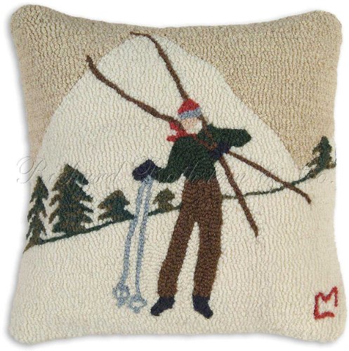 Handmade Old School Skier 100 Wool Snow Skiing Hooked Rug Pillow