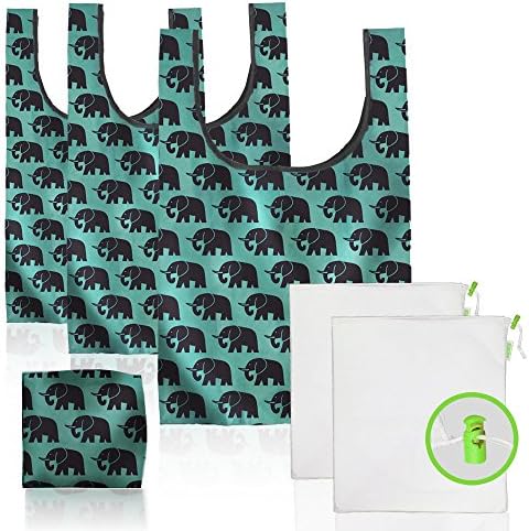 Bagibobs Reusable Grocery & Produce Bag Set - THREE Elephant Pattern Reusable Grocery Bags with TWO BONUS Mesh Produce Bags