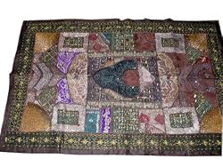 Ethnic Browns Sequin Embroidered Elegant Vintage Sari Wall Hanging Tapestry 60"