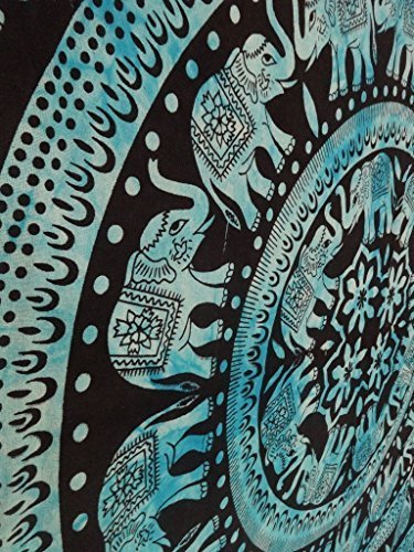 Handicrunch Elephant Mandala Wall Hanging, Queen Size, Blue Color Theme, Heavy Cotton Fabric, Psychedelic Tapestry, Beach Throw, Indian Tapestry Bedding