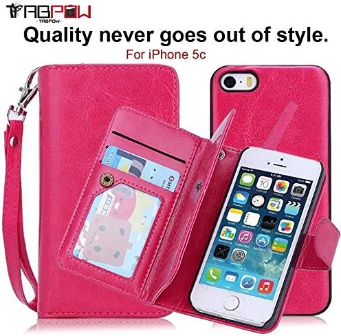 iPhone 5C Case, iPhone 5C Wallet Case, TabPow [Wallet Case] 9 Card Holder [Detachable Wallet Folio] Pink PU Leather Flip Case With Lanyard Strap For Apple iPhone 5C