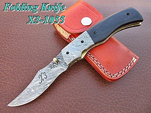 Custom Hand Made Damascus Steel Folding Knife,micarta Handle X3-(1055)