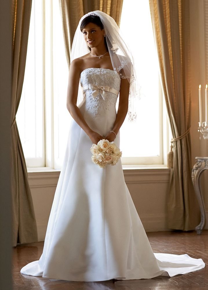 David's Bridal Collection Wedding Dress: Satin Trumpet Gown with Beaded Metallic Lace Style
