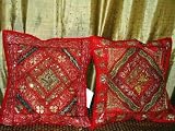 2 Cadmium Red Beaded Cushion Covers Vintage Sari Pillow Covers 16x16 inches