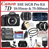 Canon EOS 7D SLR Digital Camera with Canon EF-S 18-55mm f/3.5-5.6 IS Autofocus Lens and Canon Zoom Telephoto EF 75-300mm f/4.0-5.6 III Autofocus Lens + SSE Large 16GB Accessory Package Kit