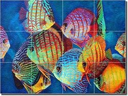"Curious Discus" by Micheline Hadjis - Artwork On Tile Glass Wall Floor Mural 18" x 24" Kitchen Shower Backsplash
