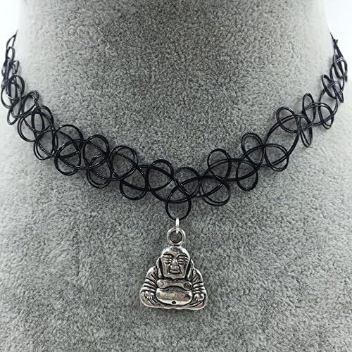 Longil Women Vintage Black Gothic Stretch Elastic Double Line Henna Tattoo Choker Collar Necklace with Chinese Buddha Pendant Hippy Popular for 80s 90s