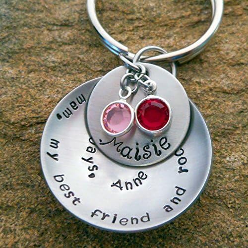 Hand Stamped Personalized Spiraled Quote on Cupped 1 1/4" Disc Necklace or Keychain with 3/4" Name Disc and Channel Drop Birthstones Gift for Her