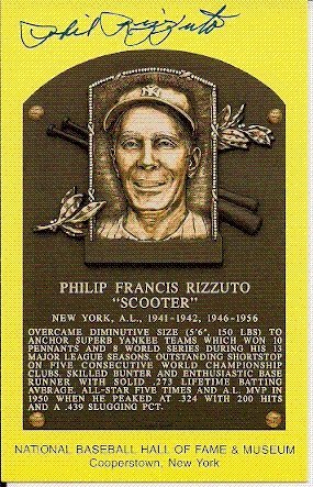 Phil Rizzuto Autographed/Hand Signed Hall Of Fame Gold Plaque