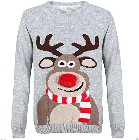 Urban Fashion Ladies Womens Unisex Rudolph Print 3D Pom Pom Nose Christmas Jumper Sweater (Medium-6, Grey)